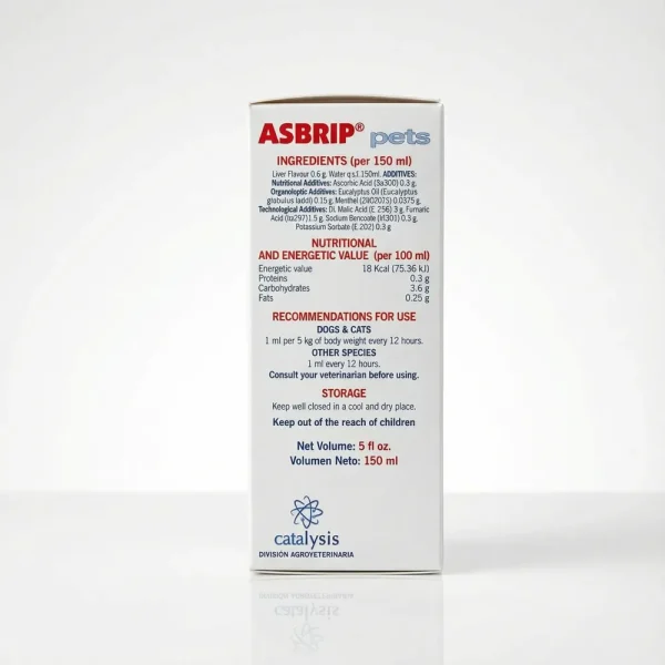 Зворотний бік упаковки Asbrip Pets. Склад: евкаліптова олія, ментол, аскорбінова кислота. Дозування: 1 мл на 5 кг ваги кожні 12 годин.