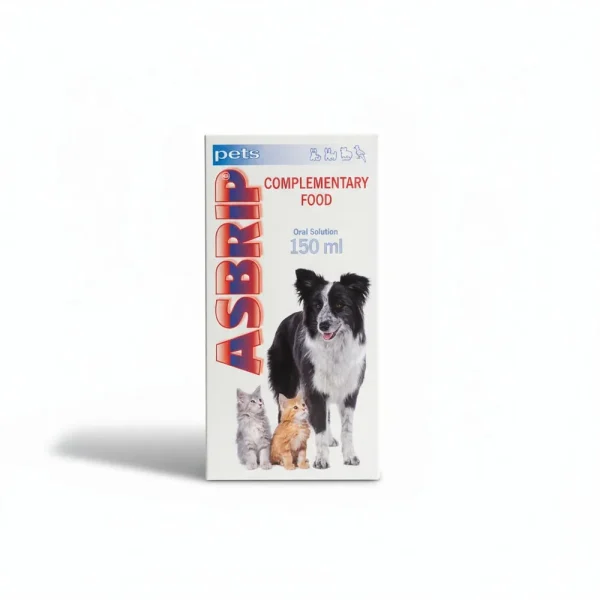 Упаковка Asbrip Pets (150 мл). Додатковий корм у формі орального розчину для собак та котів, призначений для підтримки дихальної системи.
