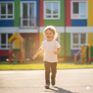 Зображення хлопчика, що біжить на ігровому майданчику, згенероване Gemini.