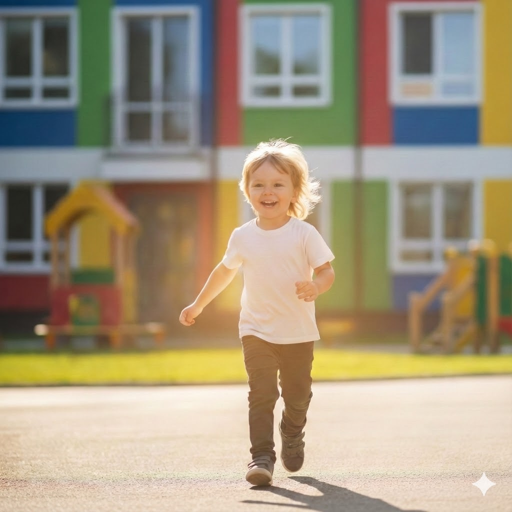 Зображення хлопчика, що біжить на ігровому майданчику, згенероване Gemini.