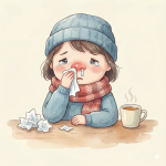 Ілюстрація хворого хлопчика з чаєм та хустинкою, згенерована Gemini.