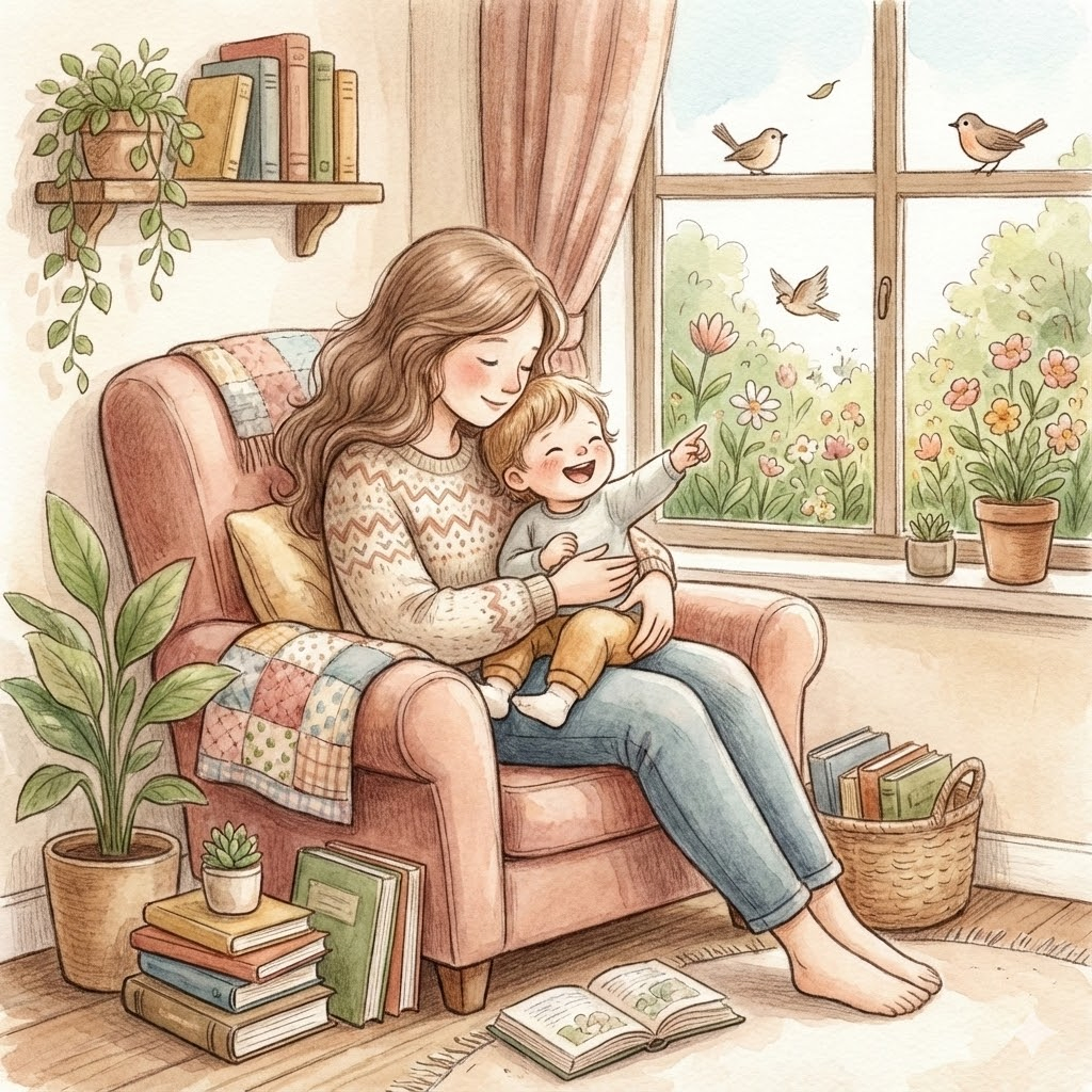 Ілюстрація мами, яка читає книгу з дитиною, згенерована Gemini.