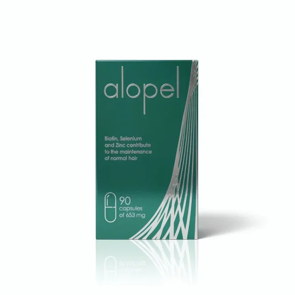 Білий флакон капсул Alopel (90 шт) з зеленим маркуванням. Комплексна формула з амінокислотами та екстрактами рослин для зміцнення волосяних фолікулів зсередини.