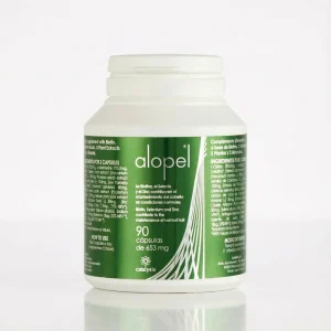Фронтальний вигляд флакона Alopel (90 капсул). Харчова добавка з біотином та цинком для росту волосся.