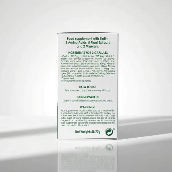 Зворотний бік упаковки Alopel. Склад включає L-цистин, L-метіонін, екстракти карликової пальми (Saw Palmetto) та насіння гарбуза для блокування ДГТ.