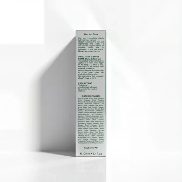 Зворотний бік упаковки Alopel Foam. Інструкція: наносити на чисту шкіру голови 1-2 рази на день, масажувати 30 секунд. Склад включає рослинні екстракти (розмарин, шавлія, кропива) та біотин.