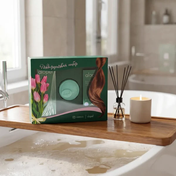 Подарунковий набір Alopel в інтер'єрі ванної кімнати. Ідеальне рішення для домашнього спа-догляду та зміцнення волосся.