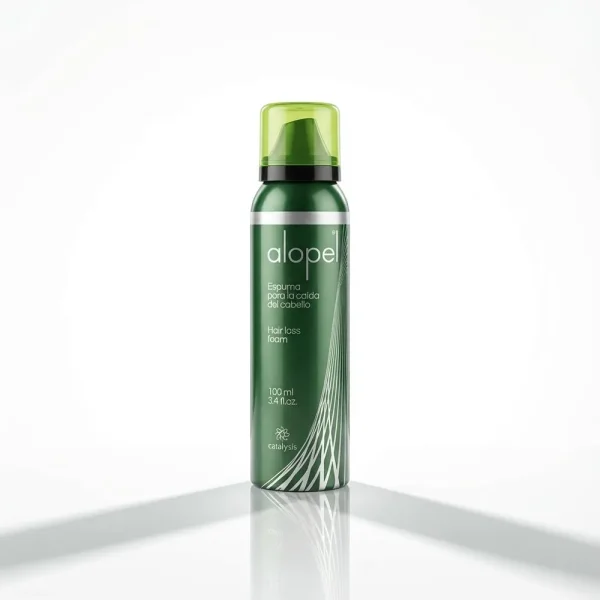 Флакон піни Alopel на білому тлі. Продукт ревіталізує волосся та регенерує шкіру голови, рекомендований при андрогенній алопеції.