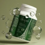 Флакон Alopel в оточенні прозорих сфер. Ілюстрація технології молекулярної активації, що підвищує ефективність антиоксидантів та вітамінів для росту волосся.