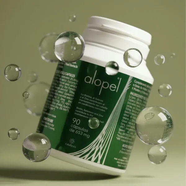 Флакон Alopel в оточенні прозорих сфер. Ілюстрація технології молекулярної активації, що підвищує ефективність антиоксидантів та вітамінів для росту волосся.