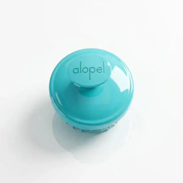 Бірюзова масажна щітка для шкіри голови з логотипом Alopel. Допомагає покращити кровообіг та посилити дію лікувальних засобів.