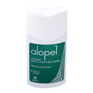 Крупний план етикетки Alopel. Продукт розроблений для зменшення негативних наслідків окислювального стресу та відновлення структури волосся.