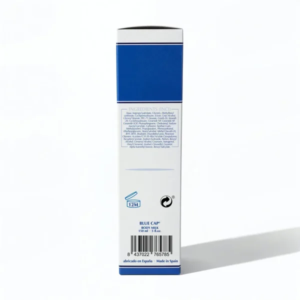 Перелік інгредієнтів молочка Blue Cap. Формула містить піроктон оламін та комплекс керамідів (NP, AP, EOP) для заспокоєння та захисту шкіри.