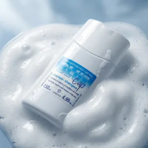 Флакон Blue Cap на фоні ніжної піни. Ілюстрація м'якої очищувальної дії та безпеки для чутливої шкіри тварин.