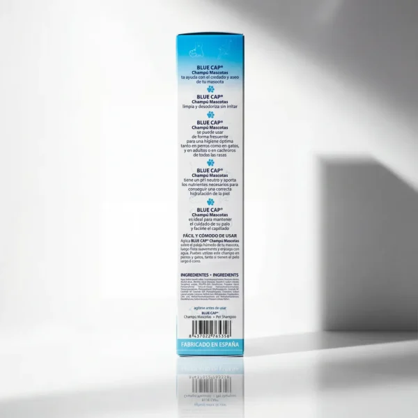 Бокова сторона упаковки Blue Cap. Інструкція із застосування та склад на основі піроктон оламіну для здоров'я шкіри.