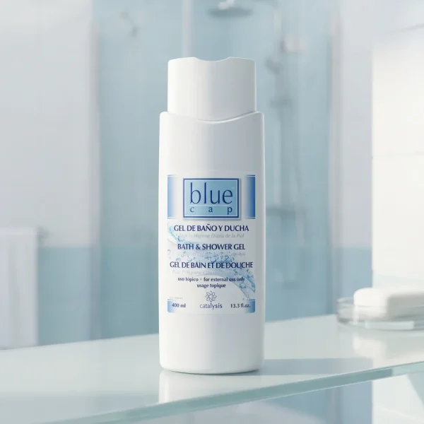 Флакон гелю Blue Cap у інтер'єрі ванної кімнати. М'яка формула для регулярного використання, яка не пересушує шкіру та підтримує її гідроліпідний баланс.