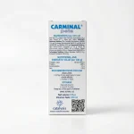 Зворотний бік упаковки Carminal Pets. Склад: алое вера, екстракт печінки, вітаміни групи B. Рекомендації: 1 мл на 5 кг ваги кожні 12 годин.