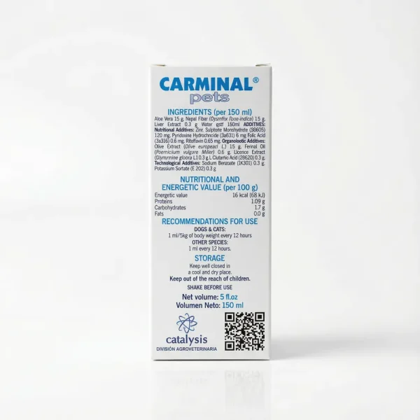 Зворотний бік упаковки Carminal Pets. Склад: алое вера, екстракт печінки, вітаміни групи B. Рекомендації: 1 мл на 5 кг ваги кожні 12 годин.