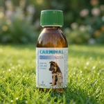 Флакон Carminal Pets на фоні зеленої трави. Рослинна формула з алое вера та опунцією для природної підтримки здоров'я шлунково-кишкового тракту.