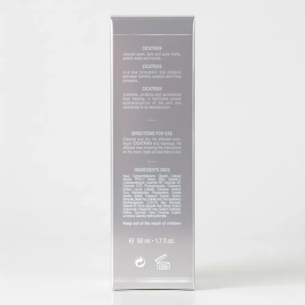 Зворотний бік упаковки Cicatrix: перелік інгредієнтів (Centella Asiatica, Pinus Sylvestris) та спосіб застосування.