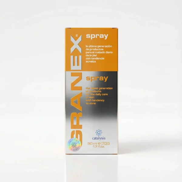 Помаранчево-срібляста коробка спрею Granex (Catalysis) для шкіри з тенденцією до появи акне.