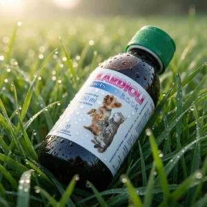 Флакон Kardioli Pets серед зеленої трави. Рідка формула для легкого дозування та підтримки нормального артеріального тиску у тварин.