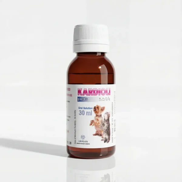 Малий флакон Kardioli Pets (30 мл). Зручний формат для дрібних порід собак та котів для профілактики серцевих захворювань.