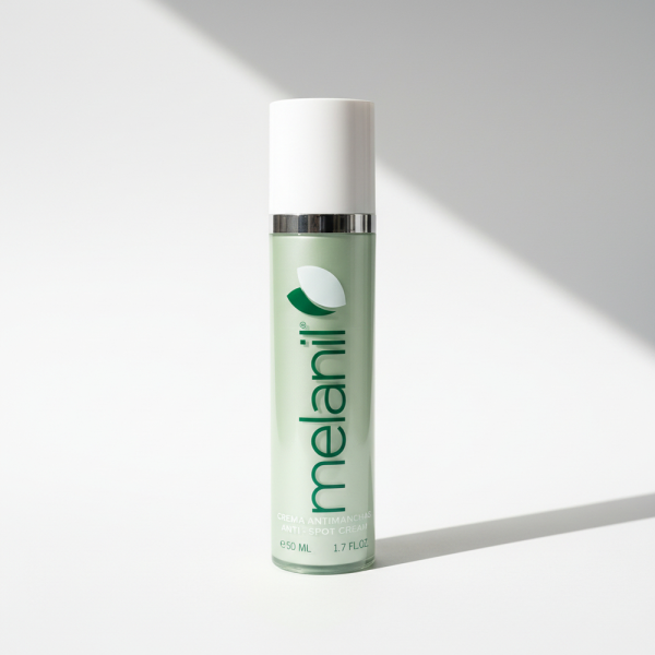 Флакон крему проти пігментних плям Melanil об'ємом 50 мл із зручним дозатором.