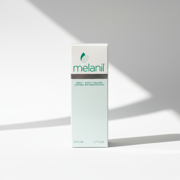 Лицьова сторона коробки крему проти пігментації Melanil для вирівнювання тону шкіри.