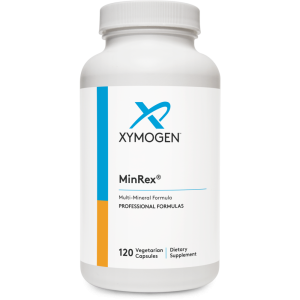 Упаковка Xymogen MinRex на білому тлі. Дієтична добавка для поповнення дефіциту важливих мінералів та підтримки імунітету.