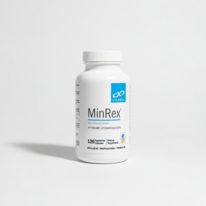 Упаковка Xymogen MinRex на білому тлі. Дієтична добавка для поповнення дефіциту важливих мінералів та підтримки імунітету.
