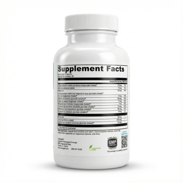 Етикетка зі складом Xymogen MinRex. Комплекс хелатованих мінералів: кальцій, магній, цинк, селен та хром для підтримки організму.