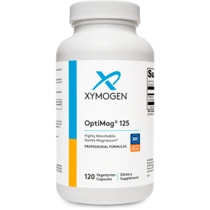 Банка ОптіМаг 125 Xymogen (120 капсул). Хелатний магній з позначкою "Gentle Magnesium" (м'яка дія на шлунок). Сертифікат NSF Sport.