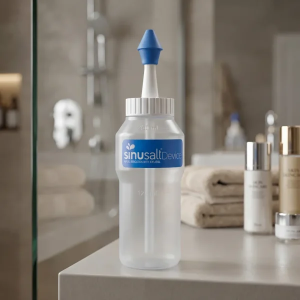 Іригатор Sinusalt в інтер'єрі ванної кімнати. Зручний засіб для щоденного очищення носових ходів від слизу, вірусів та алергенів.