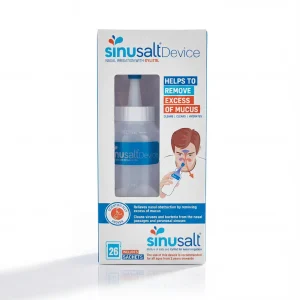 Упаковка набору Sinusalt для промивання носа. В комплекті пляшка-іригатор та 26 пакетиків з сіллю та ксилітом для очищення пазух.