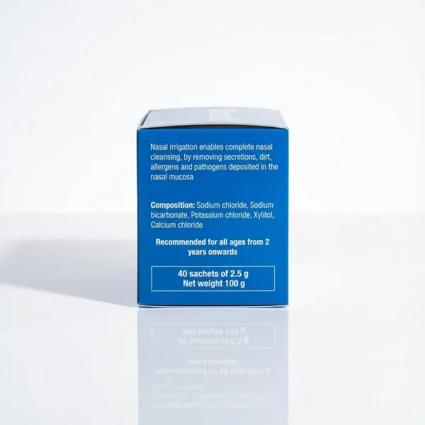 Упаковка змінних пакетів Sinusalt (40 шт по 2.5 г). Склад містить хлорид натрію, бікарбонат натрію та ксиліт для приготування ізотонічного розчину.