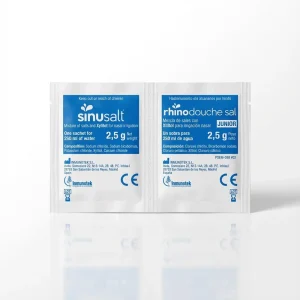 Індивідуальні пакетики Sinusalt та Rhinodouche Junior. Точне дозування солей для приготування 250 мл розчину для промивання носа.