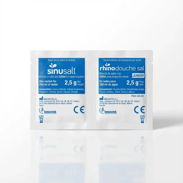 Індивідуальні пакетики Sinusalt та Rhinodouche Junior. Точне дозування солей для приготування 250 мл розчину для промивання носа.