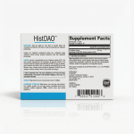 Зворотний бік упаковки HistDAO. Таблиця складників: екстракт нирок свині (4.2 мг), що забезпечує 20 000 HDU ферменту діаміноксидази (DAO).