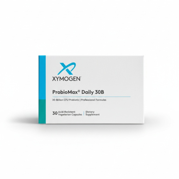 Фронтальний вигляд упаковки ProbioMax Daily 30B. Безглютенова та безмолочна формула для здоров'я шлунково-кишкового тракту.