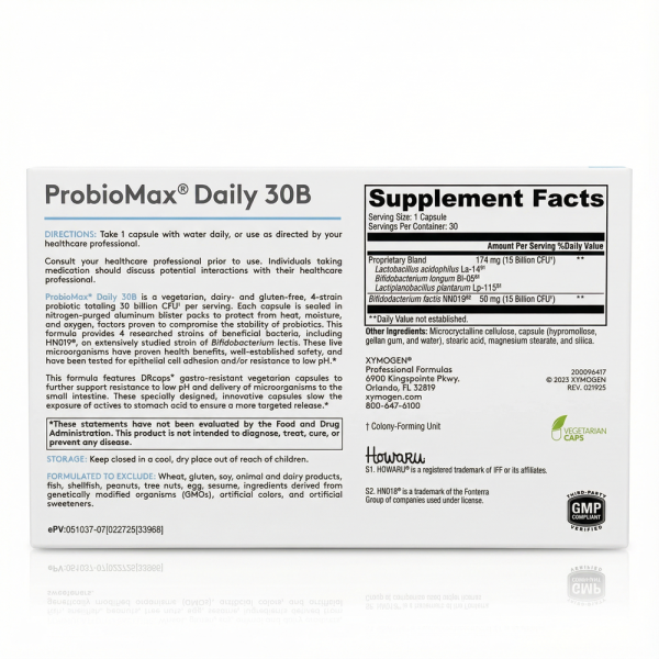 Зворотний бік упаковки ProbioMax. Склад включає 4 штами бактерій: Lactobacillus acidophilus, Bifidobacterium longum, Lactiplantibacillus plantarum та Bifidobacterium lactis HN019.