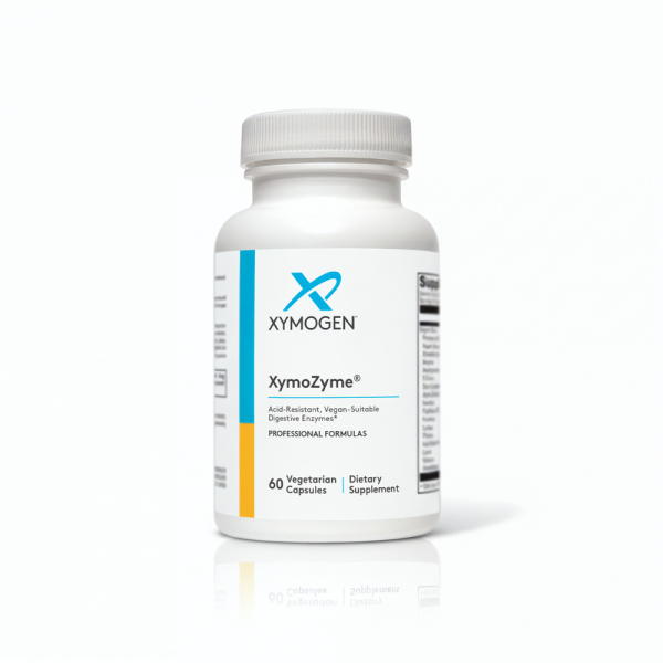 Крупний план флакона Xymogen XymoZyme. Дієтична добавка, що містить широкий спектр ферментів без інгредієнтів тваринного походження.