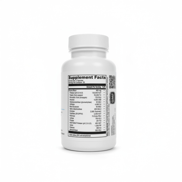 Етикетка зі складом XymoZyme. Перелік ферментів: протеаза, папаїн, бромелайн, амілаза, лактаза та ліпаза для розщеплення білків, жирів і вуглеводів.