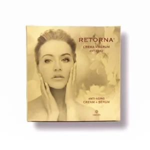 Закрита золота коробка набору RETORNA «Крем + Сироватка» антивіковий із зображенням обличчя жінки на лицьовому боці.