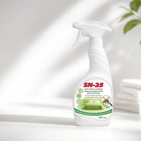 Пляшка пробіотичного спрею для текстилю SN-25 Stop Mites Allergens 500 мл на світлій поверхні з рушниками й рослиною на задньому плані