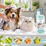 Собака і кіт у ванні в густій піні, поруч флакон SN-15 Regenerating Probiotic Pet Shampoo 250 мл з екстрактами винограду, імбиру, ладану та коров'яку; внизу зображення інгредієнтів