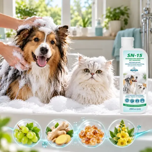 Собака і кіт у ванні в густій піні, поруч флакон SN-15 Regenerating Probiotic Pet Shampoo 250 мл з екстрактами винограду, імбиру, ладану та коров'яку; внизу зображення інгредієнтів
