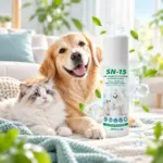 Золотистий ретривер і кіт лежать на пледі, поруч флакон SN-15 Pet Probiotic No Rinse Cleaning Spray 200 мл — очищувальний пробіотичний спрей для тварин без змивання