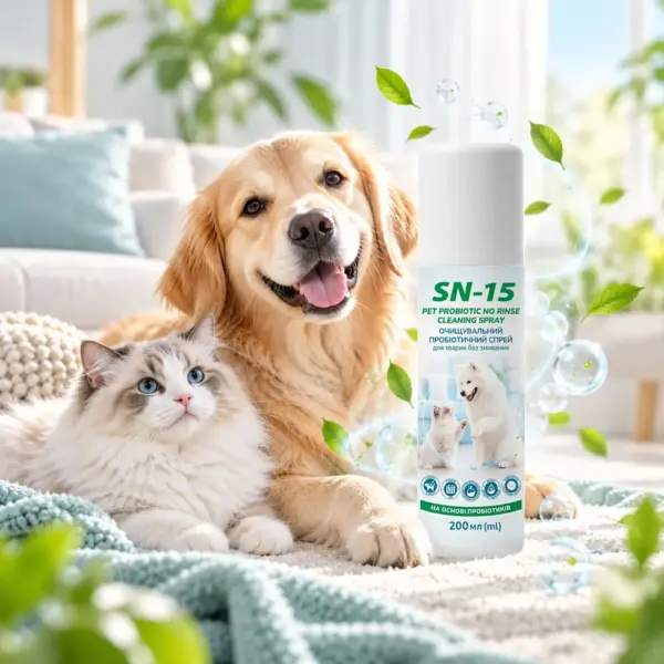 Золотистий ретривер і кіт лежать на пледі, поруч флакон SN-15 Pet Probiotic No Rinse Cleaning Spray 200 мл — очищувальний пробіотичний спрей для тварин без змивання