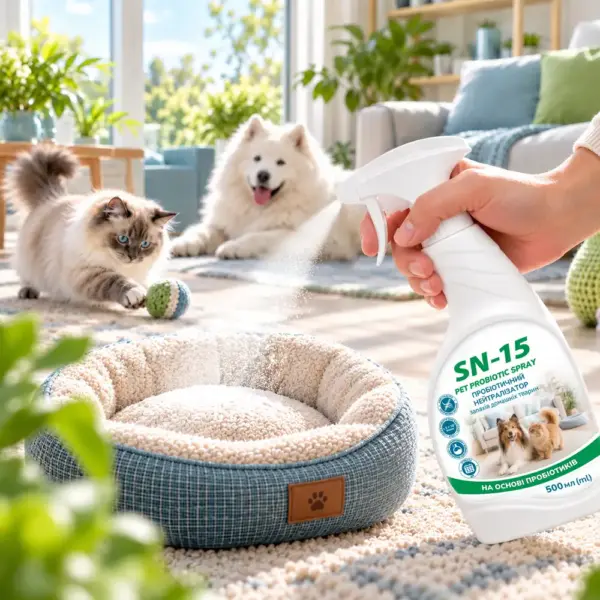 Рука розпилює SN-15 Pet Probiotic Spray 500 мл на лежанку для тварин у вітальні, на фоні кіт і біла собака — пробіотичний нейтралізатор запахів домашніх тварин